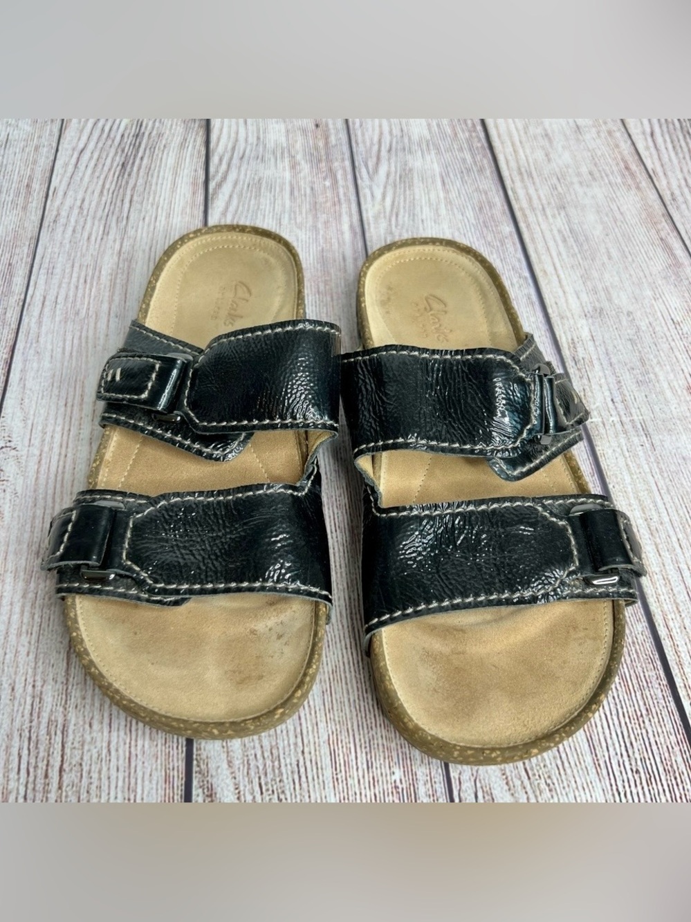 CLARKS Artisan Black Patent Leather Two Strap Sandals 6